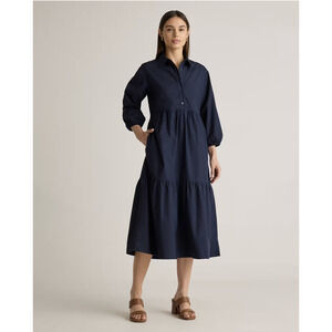 Quince Dress Small Blue Organic Cotton Poplin Midi Tunic Shirt Tiered Collared